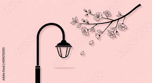 Black street lamp with blooming cherry blossom branch against soft pink background symbolizing spring