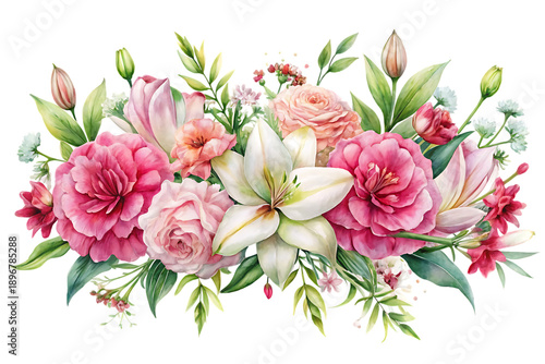 Pink and white flowers with green leaves on black background 3