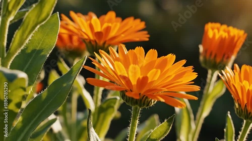 Wallpaper Mural Fiery Orange Calendula Flower Petals Glowing in Soft Sunlight Amidst Lush Green Foliage Torontodigital.ca