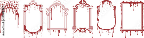 Gothic bloody ornate mirror frames, horror vampire baroque design, red dripping borders for Halloween, dark fantasy, macabre decorative illustration set