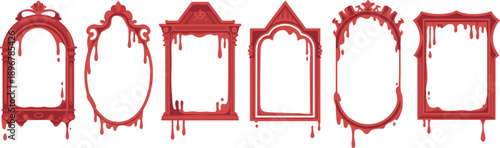 Gothic bloody ornate mirror frames, horror vampire baroque design, red dripping borders for Halloween, dark fantasy, macabre decorative illustration set