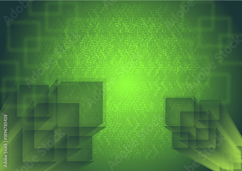 Abstract green background with floating 3D square blocks and glowing light particles for technology concept.