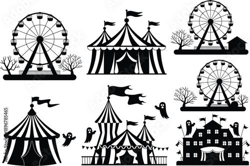 Halloween Carnival Silhouette Set With Ferris Wheel Circus Tent Haunted House Ghosts Fairground Vector Illustration Collection Design