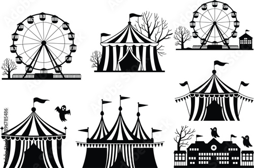 Halloween Carnival Silhouette Set With Ferris Wheel Circus Tent Haunted House Ghosts Fairground Vector Illustration Collection Design