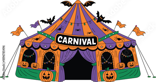 Halloween Carnival Tent Illustration With Pumpkins Bats Spiders Festive Circus Entrance Colorful Spooky Fairground Design Artwork
