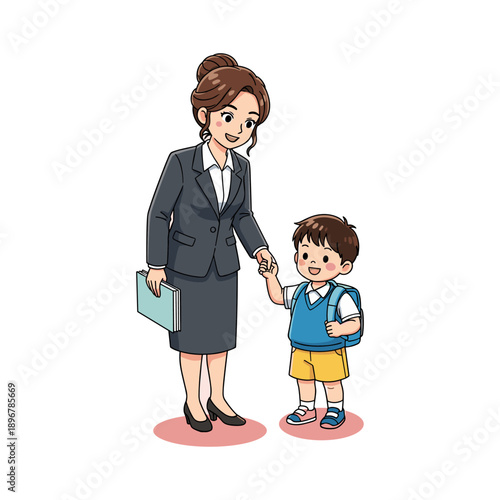 Smiling businesswoman in gray suit holding hand of young boy with blue backpack and yellow shorts on white background