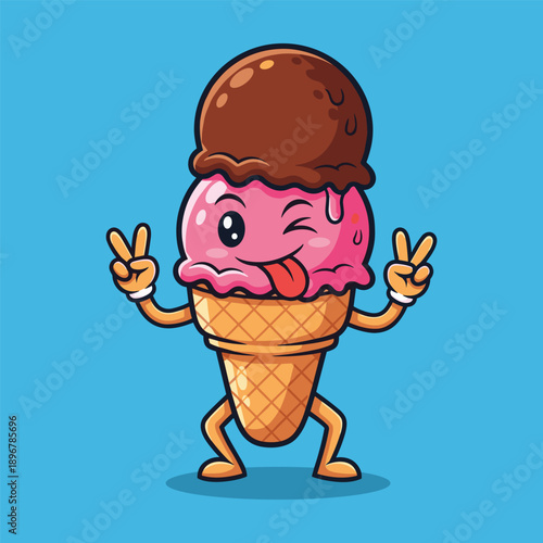 Cartoon ice cream character making peace signs on blue background