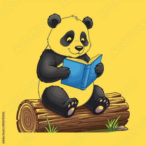Cute cartoon panda bear reading a blue book on a wooden log with green grass and yellow background