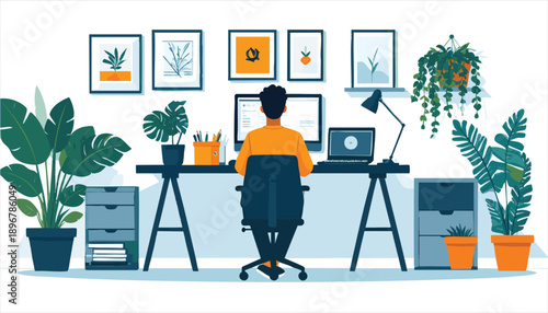 vector Man Page Workspace with Plants Peaceful