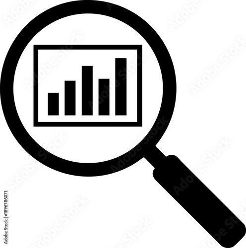 Magnifying glass over bar chart silhouette isolated on white background minimalist deep dive data analysis illustration