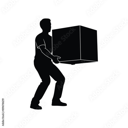 Flat minimalist black silhouette icon of a man carrying a large heavy box, straining in effortful pose with bent knees.