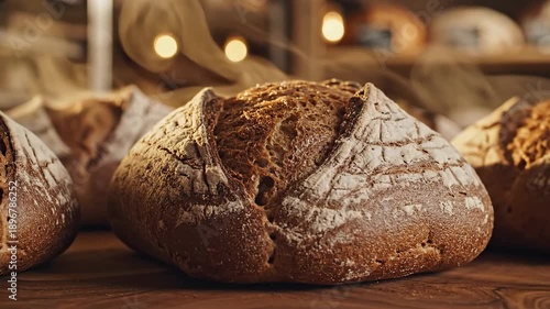 Wallpaper Mural Warm, rustic rye loaves are arranged artfully on a dark wooden surface in a bakery setting Torontodigital.ca