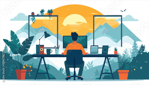vector Man Working at Desk with Mountain View