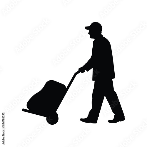 Flat minimalist black silhouette icon of a delivery man in cap pushing a hand truck or trolley cart, side profile walking pose.