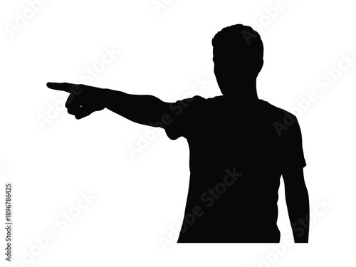 Flat minimalist black pointing man silhouette icon with extended arm and finger in side profile pose.
