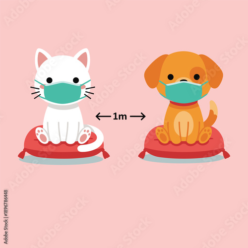 Cartoon cat and dog wearing face masks maintaining social distance on red platforms against a pink background promoting safety and hygiene awareness