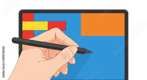 Digital designer hand drawing on tablet screen with stylus pen. Graphic design, creativity, and digital art vector illustration.