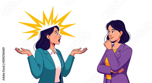 Businesswoman Having a Sudden Idea or Shock Realization (Eureka Moment) During a Conversation with a Thoughtful Colleague. Vector Illustration.