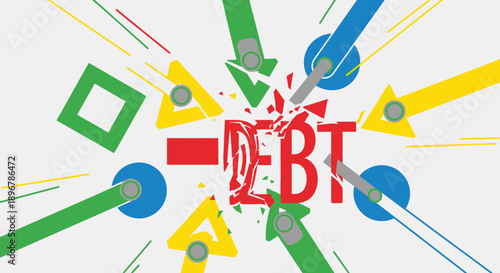 Debt Relief and Financial Crisis Elimination Concept. The word DEBT shatters under the pressure of converging arrows, symbolizing successful financial resolution.