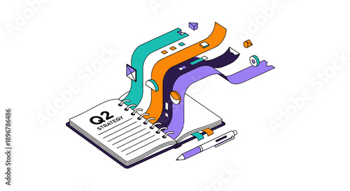 Business Strategy Concept: Isometric Q2 Planning Notebook with Abstract Data Flow and Execution Roadmap Visualization