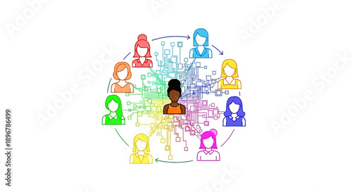 Diverse Digital Women's Network Hub: Centralized Leadership, Team Communication, and Circuitry Flow.