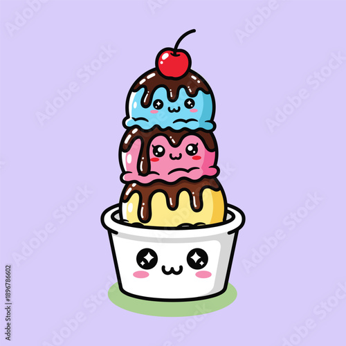 Kawaii cartoon ice cream sundae with three colorful scoops chocolate sauce and a cherry on top in a white cup with a smiling face against a pastel purple background