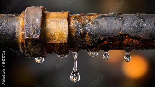 Broken pipe with corrosion and dripping water droplets from a metal joint 