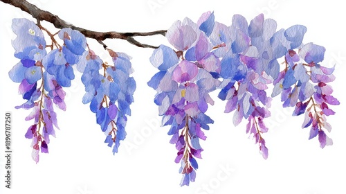Cascading Blue Purple Wisteria Flowers on Branch Isolated Against White Background Soft Lighting Romantic Floral Design Hanging Blossoms Delicate Petals Nature Theme
