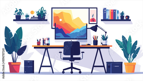 vector Modern Home Office Workspace with Plants and Technology