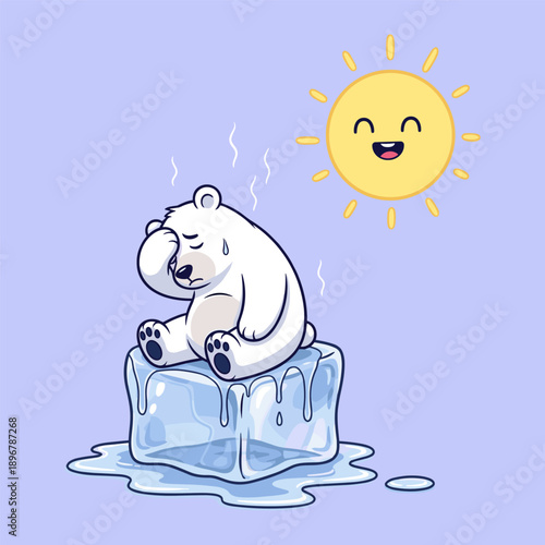 Cartoon polar bear sitting on melting ice cube under warm sunny day with smiley face expressing heat stress and climate change concept