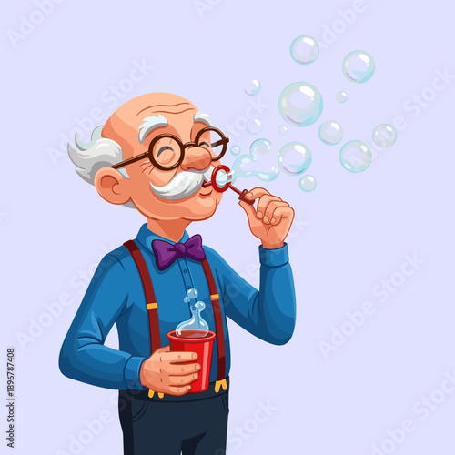 Smiling senior man in glasses blowing bubbles with soda enjoying playful childhood activity against soft blue background