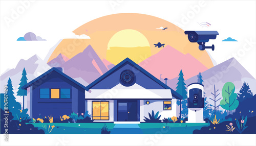 vector Modern Home with Security Cameras and Dramatic Sky