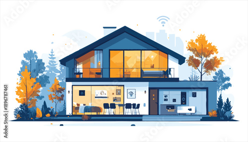 vector Modern House Illustration with Trees and WiFi