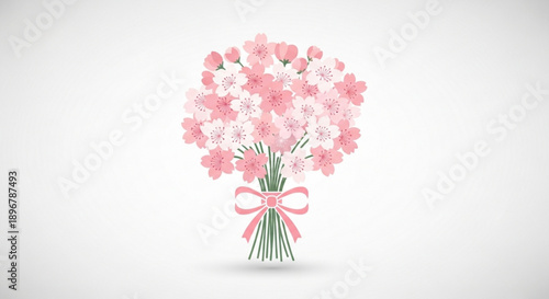 Bouquet of pink and white flowers with green stems and pink bow on white background floral arrangement for decoration or gift