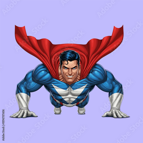 Superhero in blue and white costume doing push ups with red cape flying behind on purple background