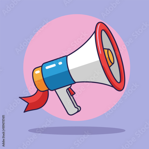 Colorful cartoon megaphone with red blue and yellow details on a pink circle background symbolizing announcement and communication