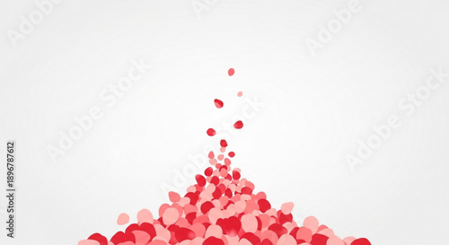 Vibrant red and pink hearts scatter and float upwards on a clean white background conveying love and joy