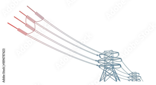 Electricity transmission tower with high voltage power lines and insulators on white background detailed engineering diagram