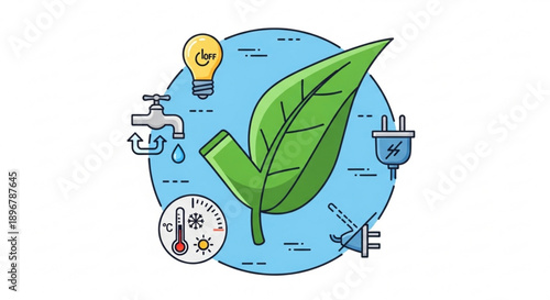 Eco friendly concept with green leaf energy saving devices and environmental symbols on blue background promoting sustainability and conservation