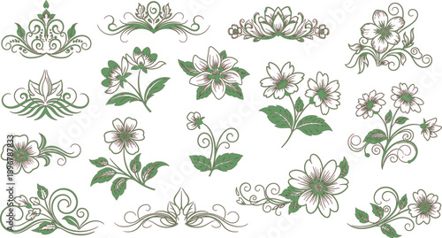 Set of vector floral design elements with  ornaments and leaves