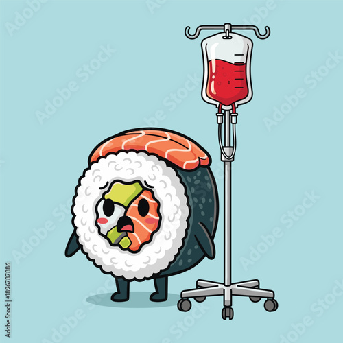 Cartoon sushi roll character receiving intravenous drip with red liquid on light blue background