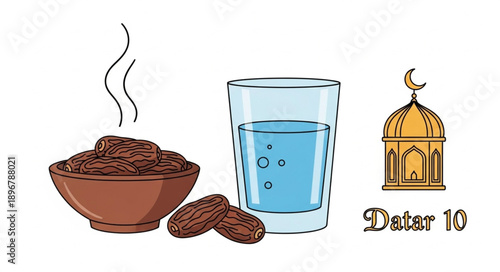 Bowl of dates with a glass of water and Islamic mosque illustration.