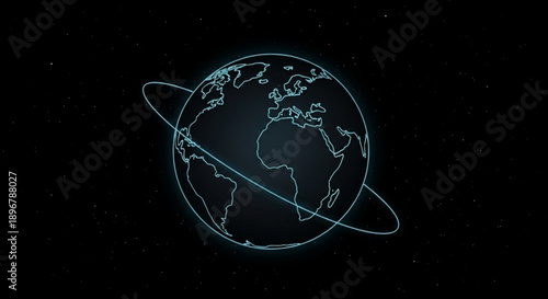 Glowing blue planet earth with rings in space symbolizing global connection and technology