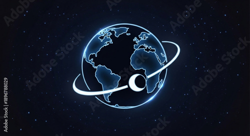 Glowing earth with a white orbiting ring in space symbolizing global connections and technology