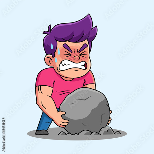 Cartoon man struggling to move a large gray boulder with effort and frustration on his face