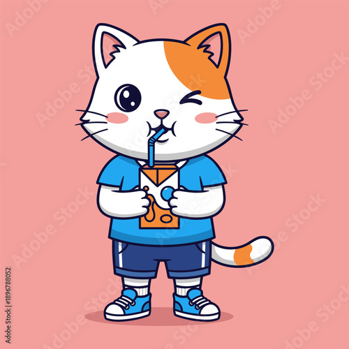 Cute cartoon cat in blue shirt and shorts drinking juice from a carton