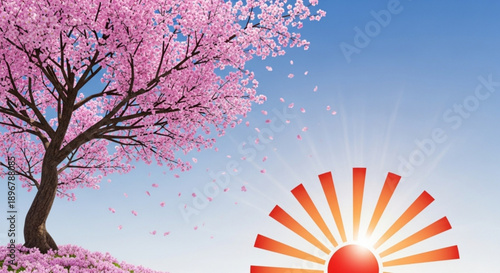 Vibrant cherry blossom tree with falling petals against a bright sun and clear blue sky symbolizing spring and new beginnings