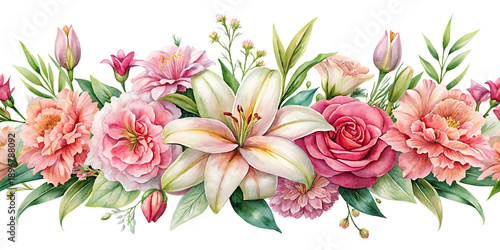 Pink roses lilies and carnations on black background