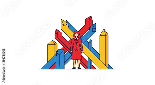 Businesswoman Navigating Market Chaos: Professional Standing Firm Amidst Conflicting Growth Arrows and Data Complexity Vector Illustration