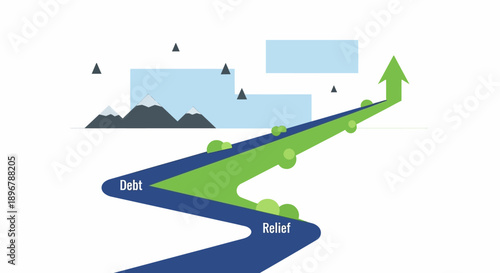 Debt Relief Path Leading to Financial Success and Growth: Conceptual illustration showing the transition from debt burden to economic freedom and recovery.